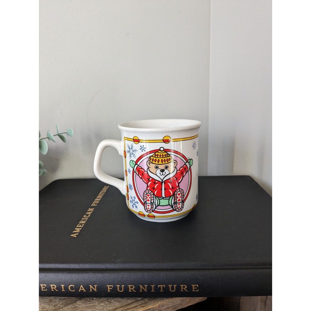 Vintage 80s Winter Ski Bear mug, Stoneware Ceramic coffee cup